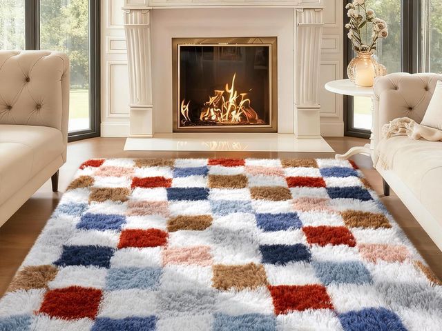 Lot 96-187467 - Ophanie Checkered Rainbow Rug for Living Room Bedroom, Colorful Fluffy Soft Cute Fuzzy Area Rugs, Sh...