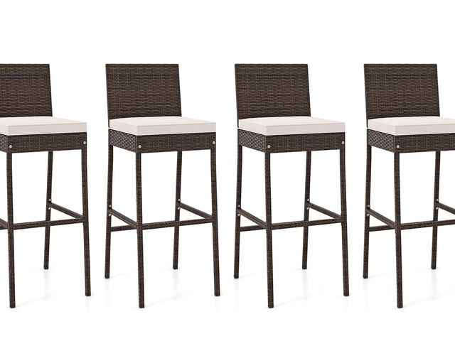 Lot 96-226839 - HAPPYGRILL Wicker Patio Barstools Set of 4, Outdoor Rattan Bar Chairs with Footrest &amp; Backrest, ...