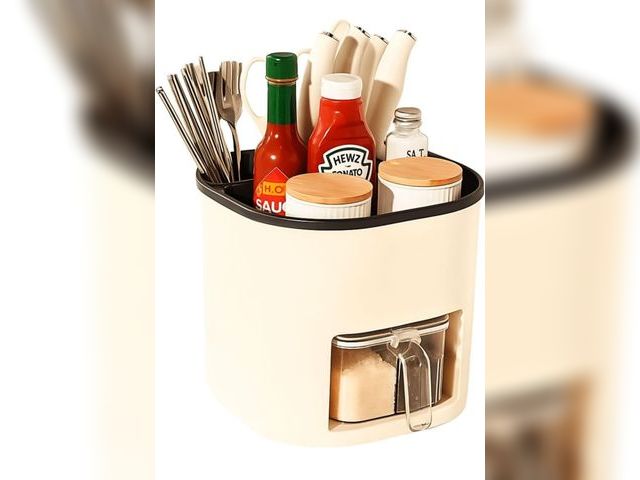 Lot 96-177914 - Rotating Utensil Holder for Kitchen Counter – Seasoning Organizer with 4 Spice Containers, Cutlery H...