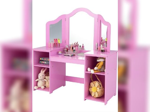 Lot 96-197325 - INFANS Kids Vanity, 2 in 1 Princess Makeup Desk Set with Tri-Folding Detachable Mirror, Large Storag...