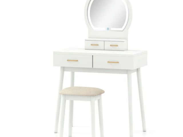 Lot 96-188469 - Small Vanity Makeup Dressing Table Set with Cushioned Stool and LED Lighted Mirror Unused, loose har...