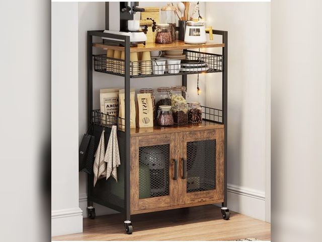 Lot 96-177325 - Coffee Bar Cabinet, 3 Tier Coffee Station Table on Wheels, 35.9" H Bar Cart with Wire Basket Drawer ...