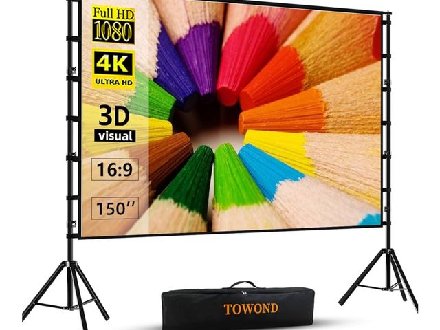 Lot 96-175621 - TOWOND Projector Screen and Stand, 150 inch Indoor Outdoor Projection Screen, Portable 16:9 4K HD Re...