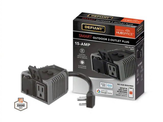 Lot 96-179705 - Defiant
15 Amp 120-Volt Smart Wi-Fi Bluetooth Outdoor Plug with 2-Outlets Powered by Hubspace
unused