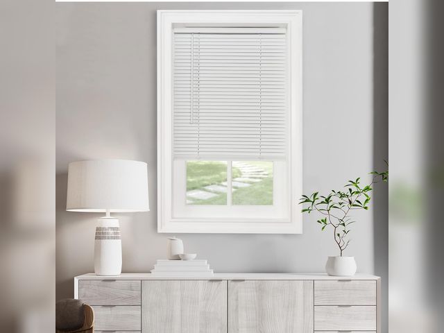 Lot 96-212232 - Cordless Light Filtering Mini Blind - 45 Inch Width, 64 Inch Length, 1" Slat Size - Pearl White - Co...