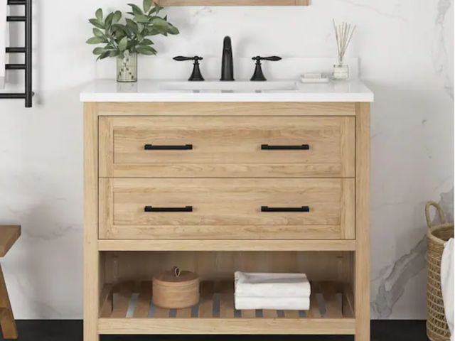 Lot 96-191729 - Home Decorators Collection
Autumn 36 in. Single Sink Weathered Tan Bath Vanity with White Engineered...