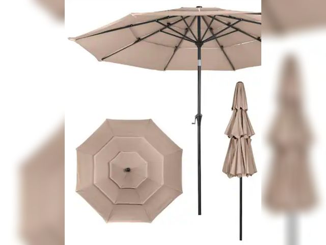 Lot 96-232853 - Pure Garden 10 ft. 3 Tier Patio Umbrella with 19 lb. Weighted Base - 120 in. Auto Tilt, Easy Crank O...