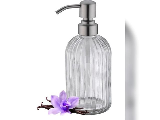 Lot 96-230499 - Glass Soap Dispensers for Kitchen and Bathroom, 16oz Heavey Glass Bottle, Stainless Steel Brushed Ni...