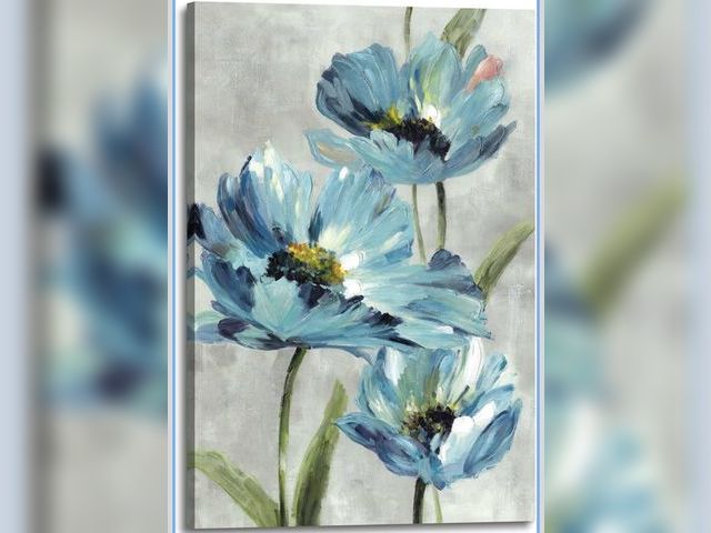 Lot 96-198900 - Bedroom Flower Canvas Wall Art: Large Abstract Blue Floral Picture Living Room Vintage Turquoise Bot...
