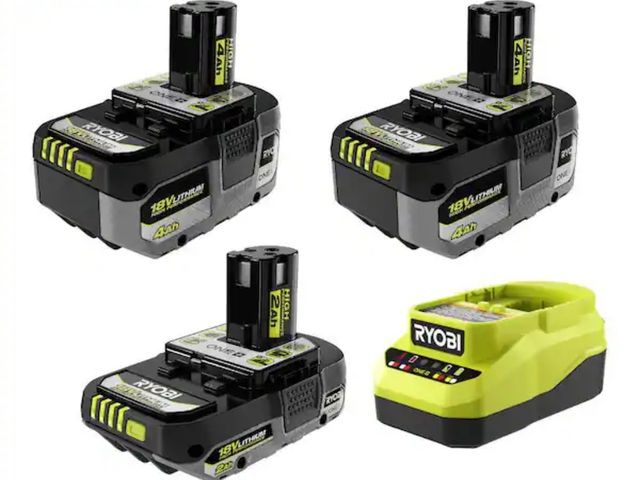 Lot 96-165195 - RYOBI
ONE+ 18V Lithium-Ion HIGH PERFORMANCE Starter Kit with 2.0 Ah Battery, (2) 4.0 Ah Batteries, a...