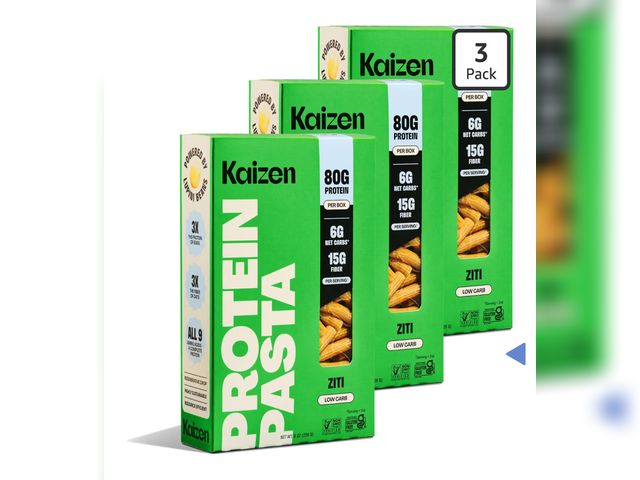 Lot 96-230607 - Kaizen Low Carb Pasta, 20g High Protein, 6g Net Carb, Ziti 8 Oz 3 Pack New BB 12/06/2027