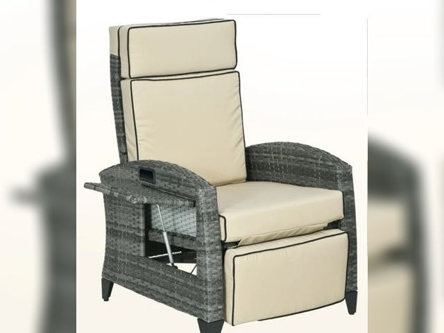 Lot 96-160418 - Outsunny Outdoor Recliner Chair with Cushions, PE Wicker Reclining Patio Lounge Chair with Adjustabl...