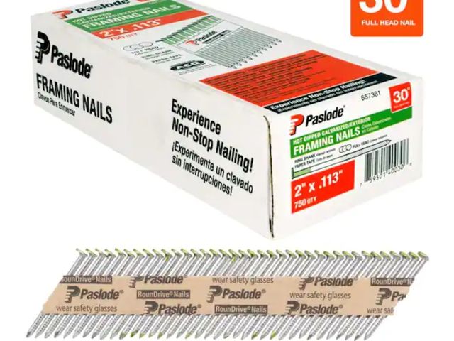 Lot 96-162951 - Paslode
2 in. x 0.113 Round Drive 30-Degree Steel Galvanized Ring Shank Paper Tape Framing Nails (75...