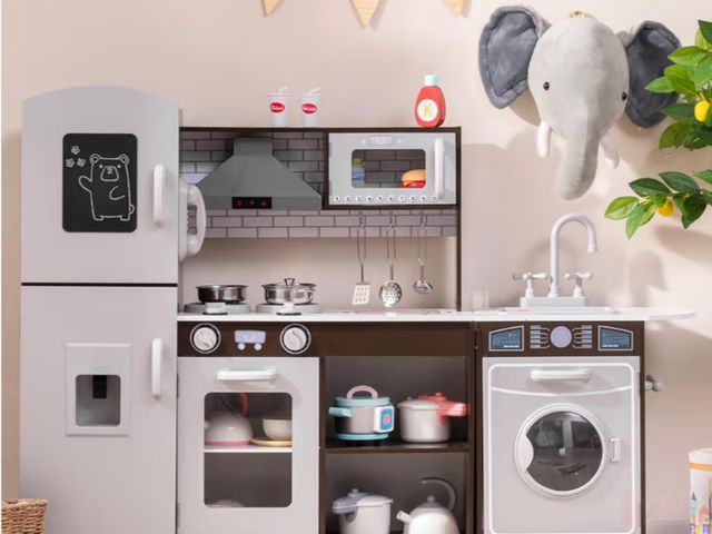 Lot 96-197732 - Costzon Kids Kitchen Playset,2-Piece Wooden Modular Pretend Toy Playset w/Sounds &amp; Lights, Washi...