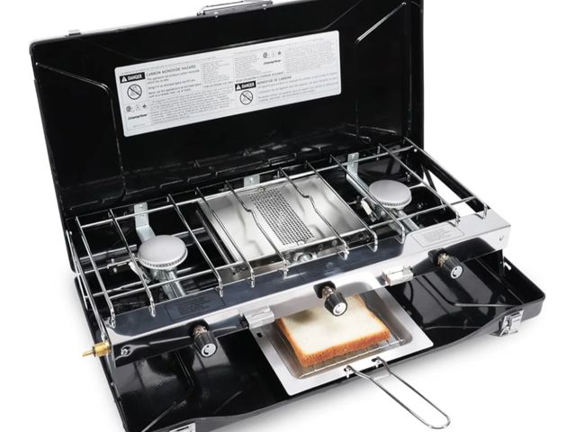 Lot 96-170168 - 3-Burner Propane Camping Stove - Portable Stove with Adjustable Burners, Wind Guards, Toast Tray, 20...