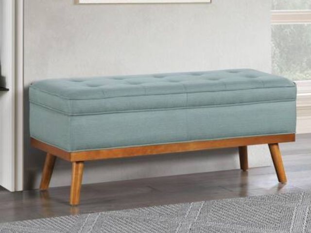 Lot 96-189058 - OSP Home Furnishings Katheryn Sea Blue Fabric 43.5 in. Storage Bedroom Bench with Spice Finish Legs ...