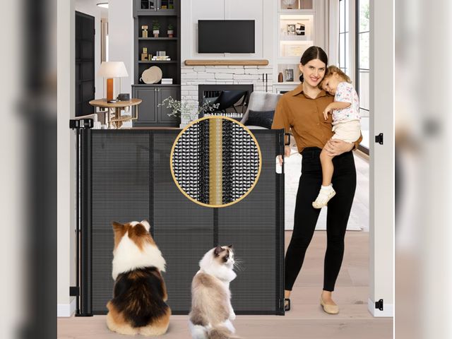 Lot 96-181003 - Reinforced 42" Extra Tall Pet Gate 55" Wide Retractable Baby Gate with Support Rods - Retractable Do...