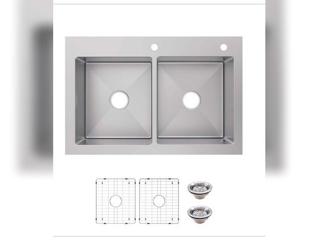 Lot 96-172892 - Glacier Bay Tight Radius 33 in. Drop-In 50/50 Double Bowl 18 Gauge Stainless Steel Kitchen Sink with...
