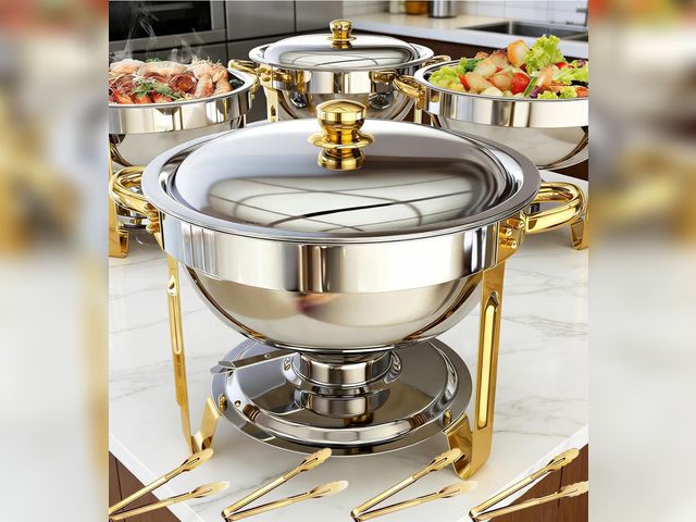 Lot 96-189913 - ALSO GO Chafing Dishes for Buffet 6QT 4 Pack, Round Chafing Dishes Gold with 4 Serving Tongs, Servin...