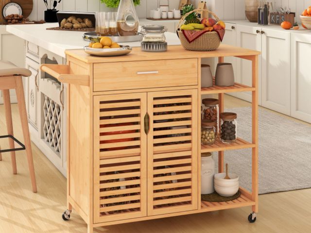 Lot 96-185001 - Costway Kitchen Island Cart on Wheels with Sturdy Bamboo Frame
New 
Msrp $178.00
