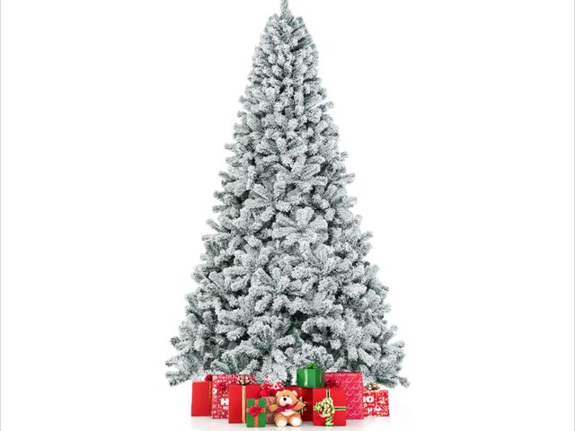 Lot 96-192366 - COSTWAY 9 FT Snow Flocked Christmas Tree, Artificial Holiday Hinged Pine Tree with 1498 Branch Tips,...