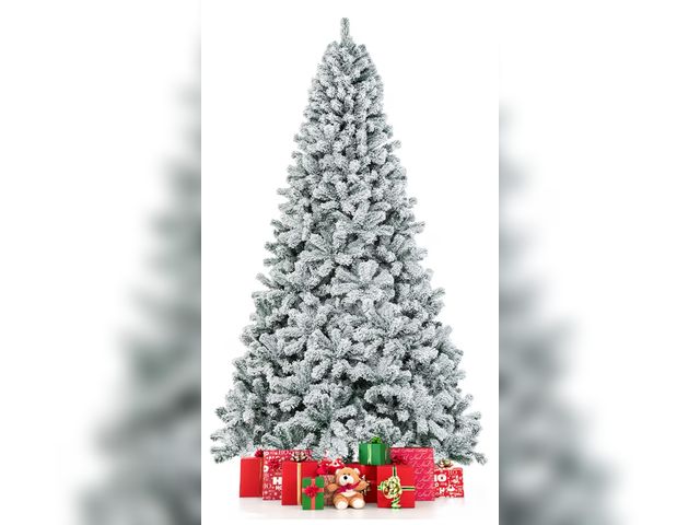 Lot 96-191235 - COSTWAY 9 FT Snow Flocked Christmas Tree, Artificial Holiday Hinged Pine Tree with 1498 Branch Tips,...