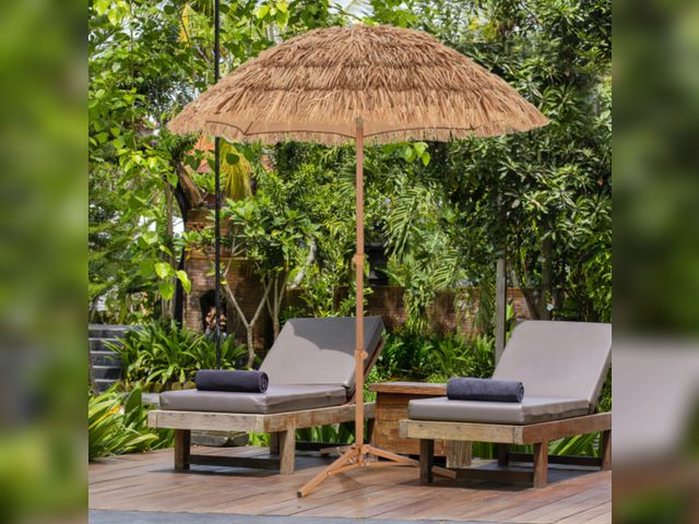Lot 96-197625 - 6.5 Feet Thatched Tiki Umbrella with Foldable Stand Push Button Tilt
New