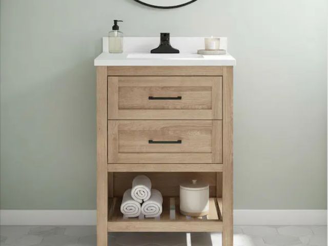 Lot 96-226222 - Home Decorators Collection Autumn 24 in. Single Sink Weathered Tan Bath Vanity with White Engineered...