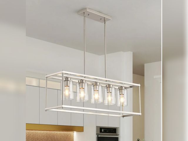 Lot 96-172156 - Farmhouse Chandeliers for Kitchen Island, Modern 5-Light Rectangle Chandelier, Brushed Nickel Linear...