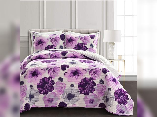 Lot 96-173542 - Lush Decor Leah Reversible Floral Quilt Set, 3 Piece Set, King, Gray &amp; Purple - Watercolor Botan...