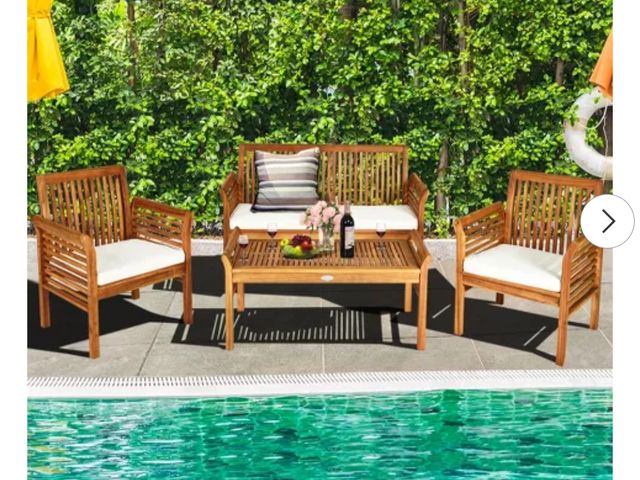 Lot 96-227666 - Costway 4 PCS Outdoor Acacia Wood Sofa Furniture Set Cushioned Chair Coffee Table Garden New MSRP $3...