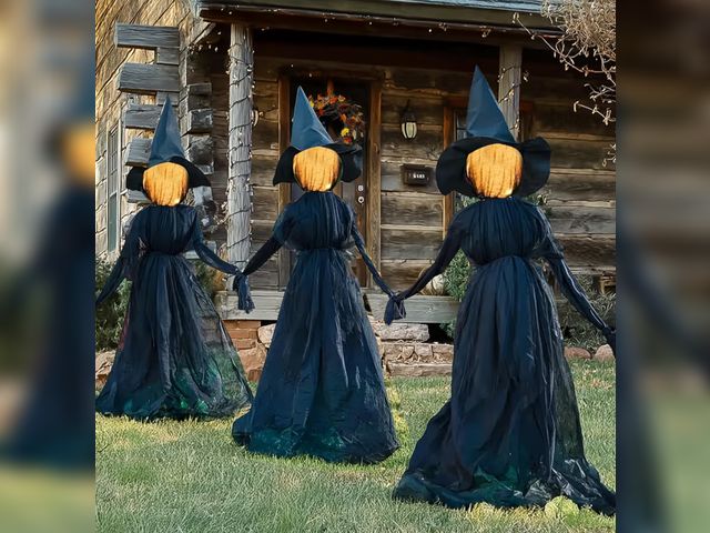 Lot 96-178864 - NEROSUN Halloween Decorations, 4 FT Set of 3 Light Up Witches Holding Hands Witches with Stakes, Wit...