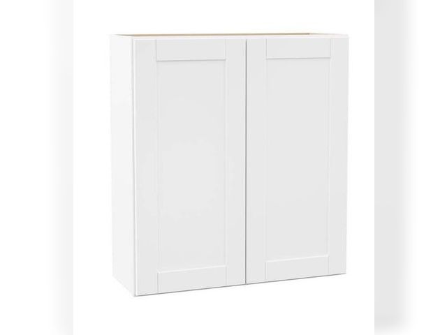 Lot 96-214000 - Hampton Bay Shaker 33 in. W × 12 in. D X 36 in. H Assembled Wall Kitchen Cabinet in Satin White MSRP...