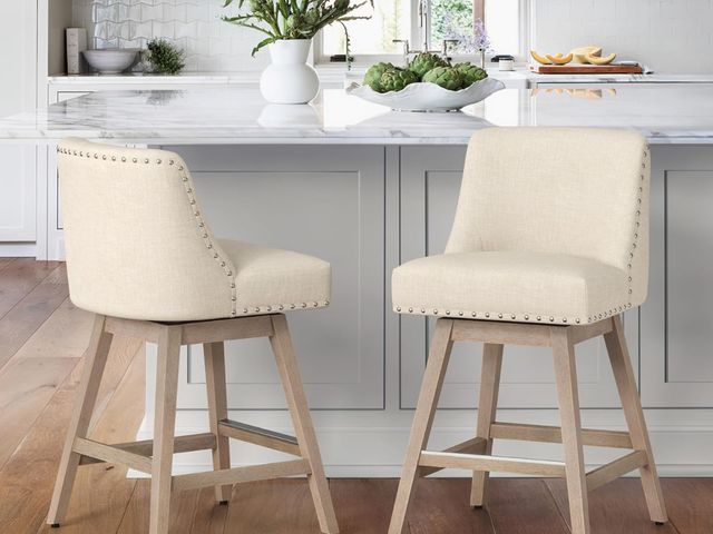 Lot 96-181146 - Bar Stools Set of 2, Beige Counter Stools with Back, Linen Fabric Upholstered Barstools, Solid Wood ...
