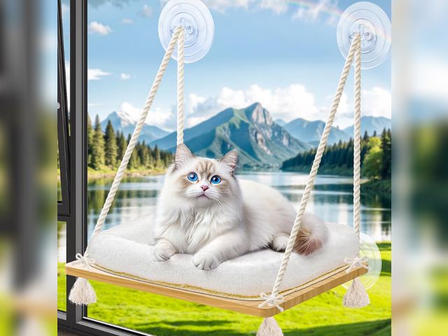 Lot 96-190487 - Cat Window Perch Cat Hammock Kitten Window Seat with Cushion Bed Cover Solid Wood Seat with Strong S...