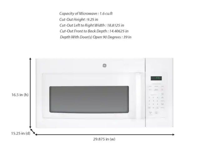 Lot 96-166401 - GE
1.6 cu. ft. Over-the-Range Microwave in White

New , small dent from shipping (pictured) 

MSRP $...