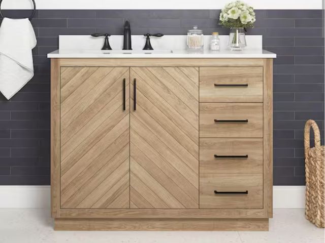 Lot 96-163660 - Glacier Bay 
Huckleberry 42 in. Single Sink Weathered Tan Bath Vanity with White Engineered Marble T...