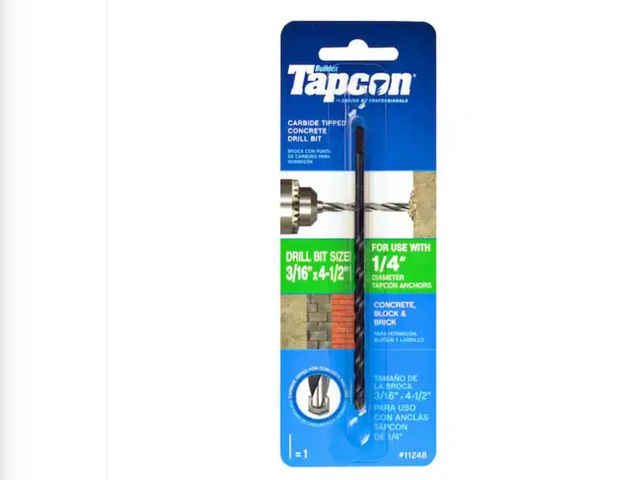 Lot 96-177842 - Tapcon 
3/16 in. x 4-1/2 in. Steel Carbide Tip Smooth Shank Masonry Drill Bit (1-Piece) lightly used...