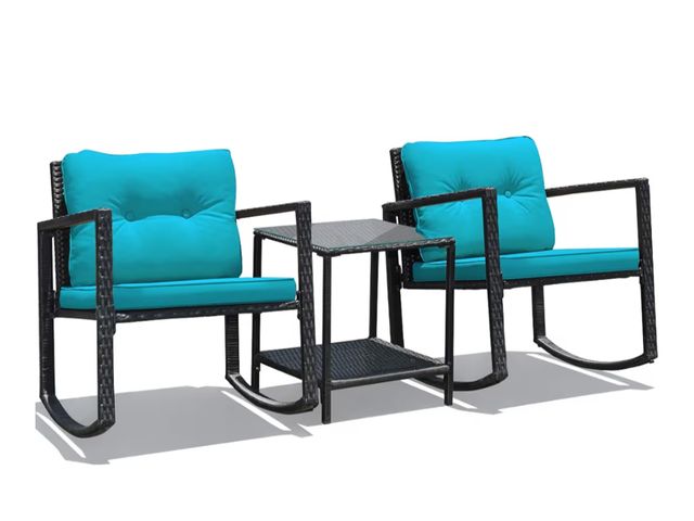 Lot 96-190076 - RELAX4LIFE Outdoor Rocking Chair Set, 3-Piece PE Rattan Bistro Set Patio Wicker Conversation Set w/C...