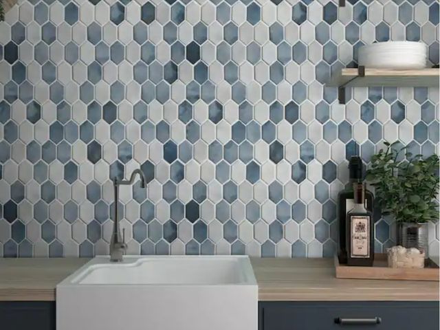 Lot 96-145044 - 104sq ft of Picket Blue Mix 10.7 in. x 10.1 in. Long Hexagon Recycled Glass Cement Looks Mosaic Floo...