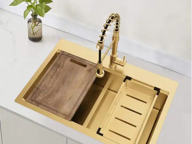 Lot 96-198762 - Glacier Bay
33 in. Drop-In Double Bowl 18-Gauge Gold Stainless Steel Workstation Kitchen Sink with A...