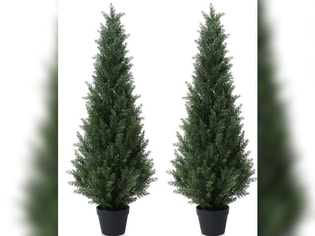 Lot 96-190491 - Artificial Cedar Tree 2 Pack 4 ft Outdoor Artificial Topiary Cedar Plants Fake Tree UV Rated Potted ...