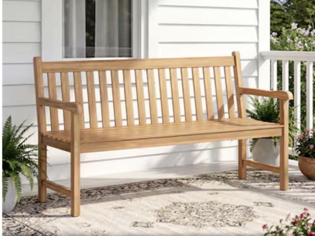 Lot 96-226845 - BABOOM Patio Bench 60-in W x 36-in H Natural Teak Garden Bench MSRP $259.99 New