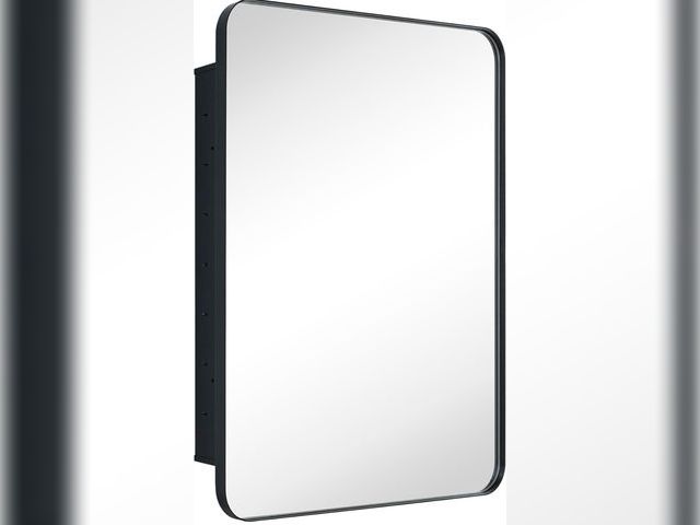 Lot 96-173741 - Matt Black Rectangle Recessed Bathroom Medicine Cabinet with Mirror Stainless Steel Metal Framed Rou...