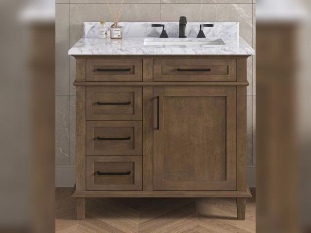 Lot 96-173187 - Home Decorators Collection
Sonoma 36 in. Single Sink Almond Latte Bath Vanity with Carrara Marble To...