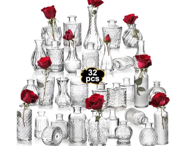 Lot 96-163688 - Clear Bud Vases Bulk 32,Small Flower Vases for Wedding,Glass Vintage Bottle Set for Centerpieces,Rec...