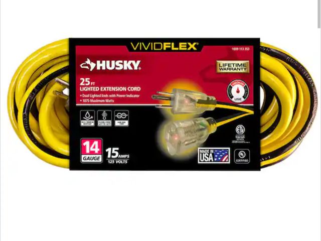 Lot 96-182468 - Husky VividFlex 25 ft. 14/3 Gauge Medium Duty Indoor/Outdoor Extension Cord with Lighted End, Yellow...
