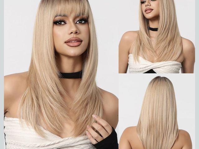 Lot 96-212357 - Allbell Ombre Blonde Wig for Women,Long Straight Synthetic Hair Wig with Bangs for White Women 20 In...