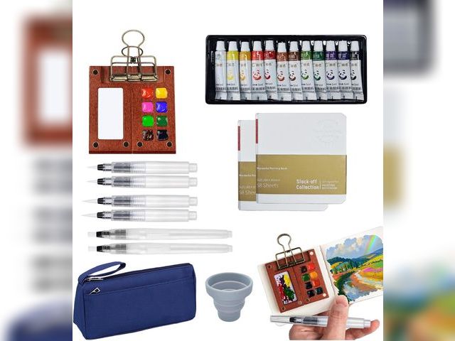 Lot 96-190765 - Mini Watercolor Paint Set, 12 Colors Travel Water Color Kit with Walnut Wood Palette (8 Wells), 6 Br...