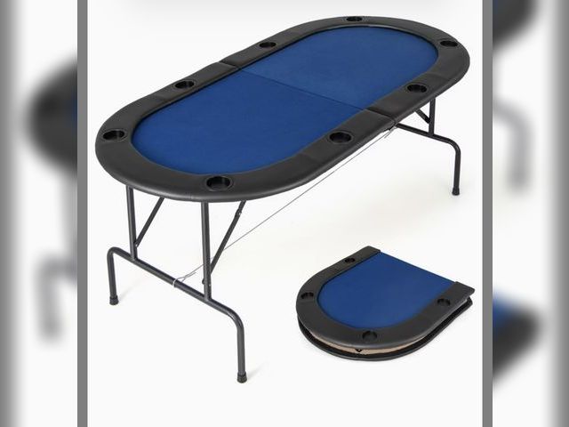 Lot 96-206484 - Costway 8 Player Folding Poker Table Cardboard Game with Comfy Armrest - Blue MSRP $170 Unused, has ...